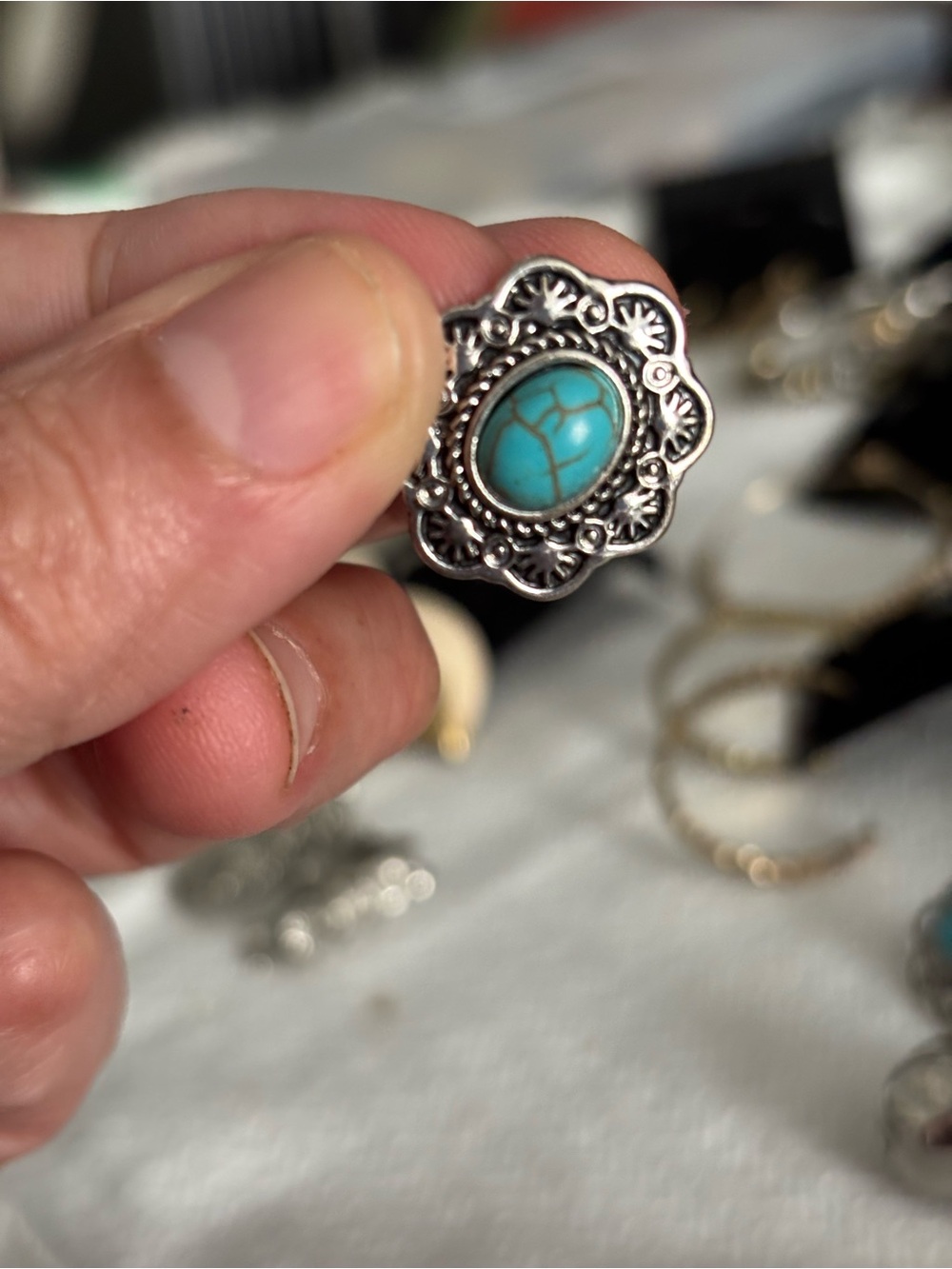 Faux Turquoise Stone Floral Silver Earrings - Turquoise Color
